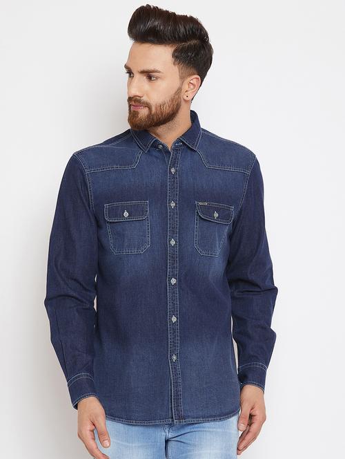 navy blue denim casual shirt - 16298312 - Very Small Image - 1