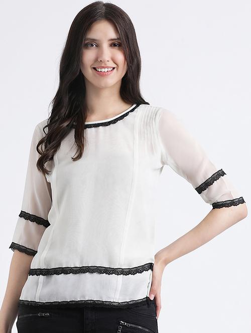 contrast lace trim top - 16298773 - Very Small Image - 1