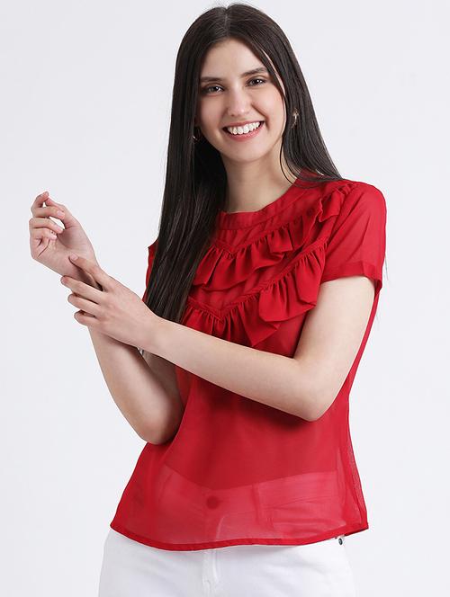 keyhole back ruffle detail top - 16298799 - Very Small Image - 1
