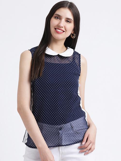 contrast lace dot print sheer top - 16298812 - Very Small Image - 1
