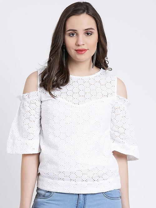 cold shoulder schiffli top - 16298855 - Very Small Image - 1