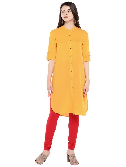 mustard buttoned straight kurta - 16299199 - Very Small Image - 1