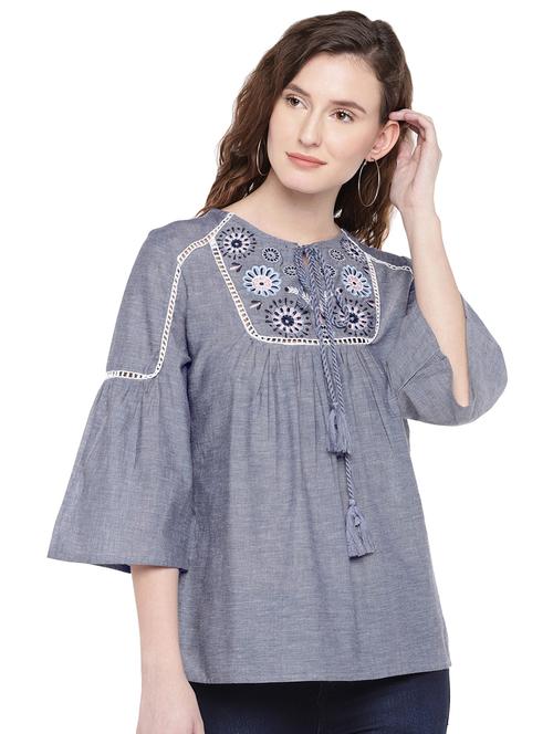 embroidered tie up neck top - 16299264 - Very Small Image - 1