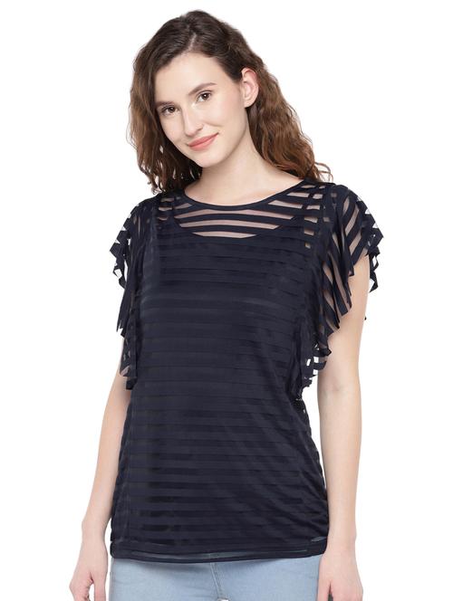 ruffle sleeved striped mesh top - 16299286 - Very Small Image - 1