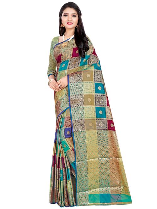 checkered zari motif patola saree with blouse - 16300217 - Very Small Image - 1