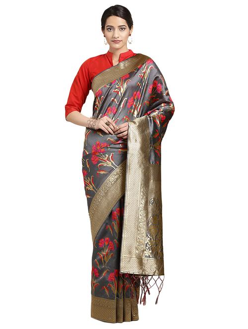 floral zari motifs woven saree with blouse - 16301686 - Very Small Image - 1