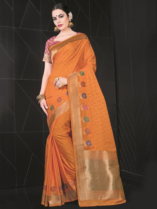 women's self design orange colored saree with blouse - 16301774 - Very Small Image - 1