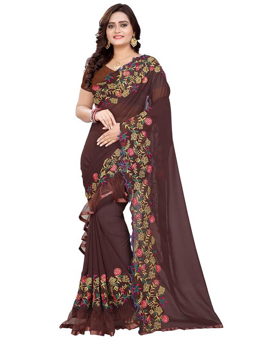 embroidered ruffle border saree with blouse - 16302099 - Very Small Image - 1