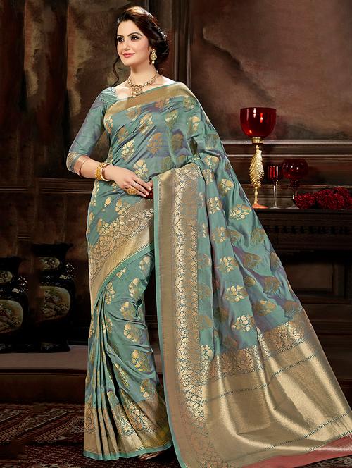 floral zari motif banarasi saree with blouse - 16302230 - Very Small Image - 1