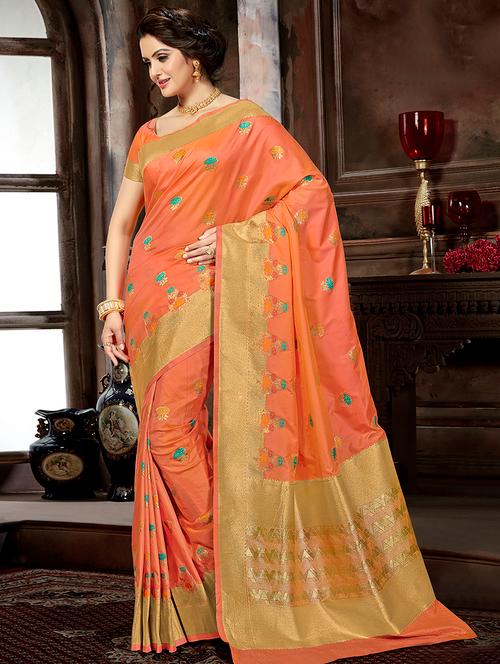 floral zari motif banarasi saree with blouse - 16302231 - Very Small Image - 1