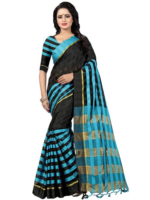 contrast checkered woven saree with blouse - 16303385 - Very Small Image - 1