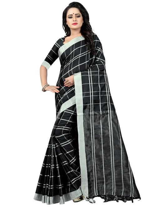 contrast checkered woven saree with blouse - 16303402 - Very Small Image - 1