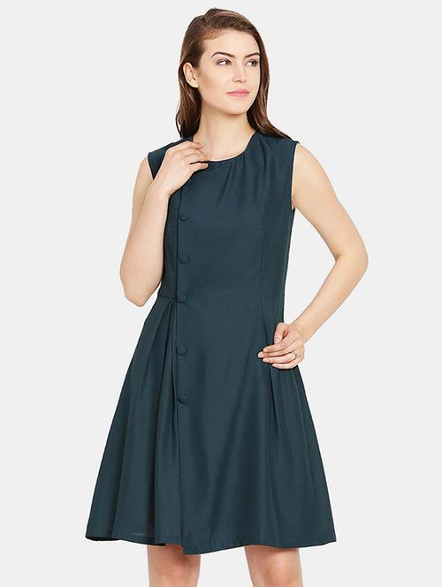 round neck button detail a line dress - 16309268 - Very Small Image - 1