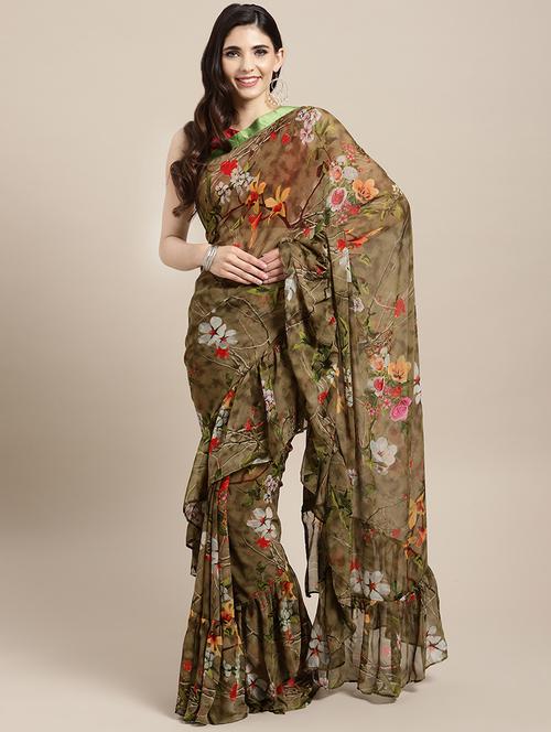 floral ruffle border saree with blouse - 16310656 - Very Small Image - 1
