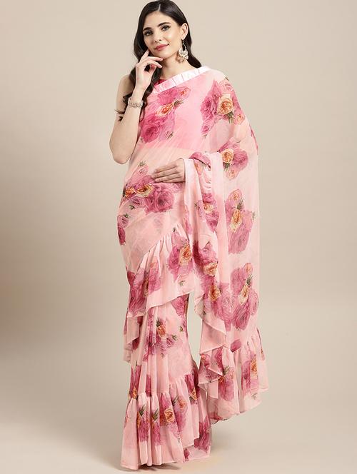 floral ruffle border saree with blouse - 16310657 - Very Small Image - 1