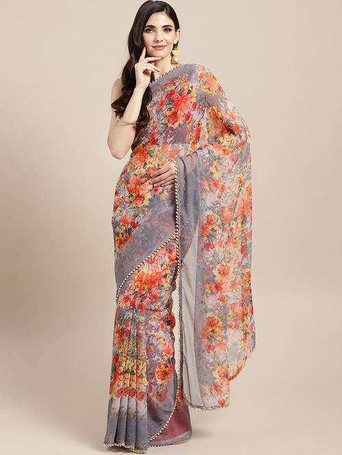 floral printed saree with blouse - 16310659 - Very Small Image - 1