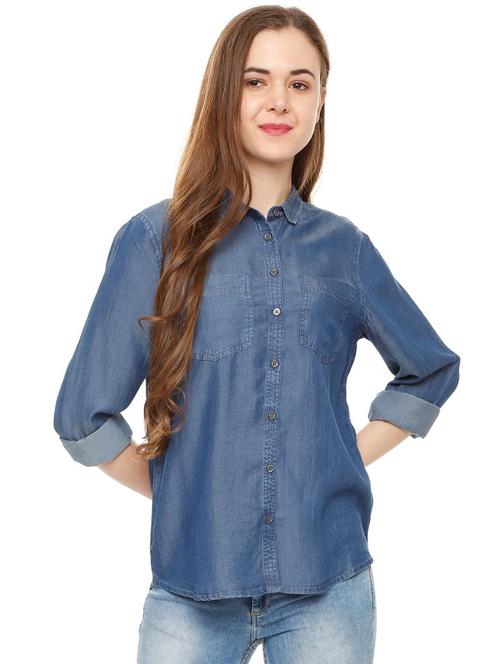 turn up hem denim shirt - 16312211 - Very Small Image - 1