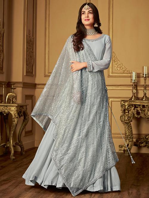 embroidered semi-stitched anarkali suit - 16312328 - Very Small Image - 1