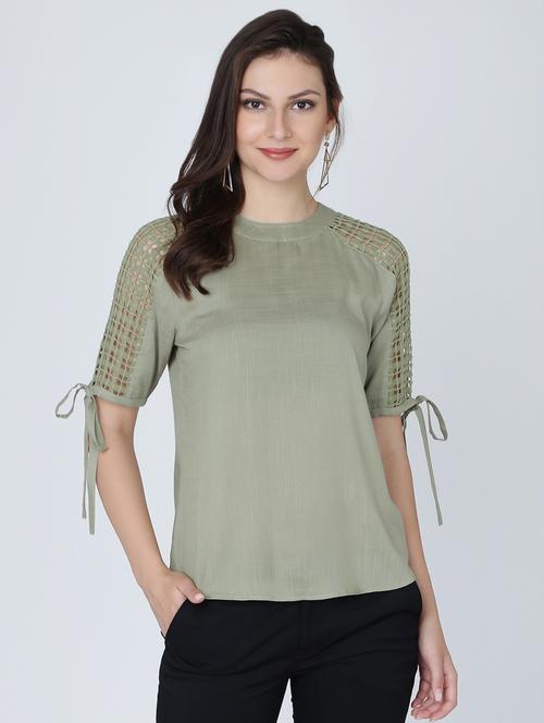 tie up sleeved lace paneled top - 16314767 - Very Small Image - 1