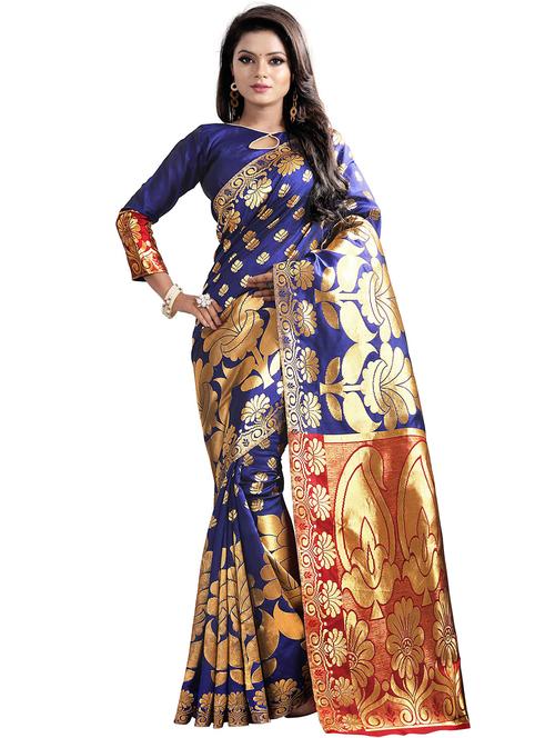 floral zari motif banarasi saree with blouse - 16315696 - Very Small Image - 1