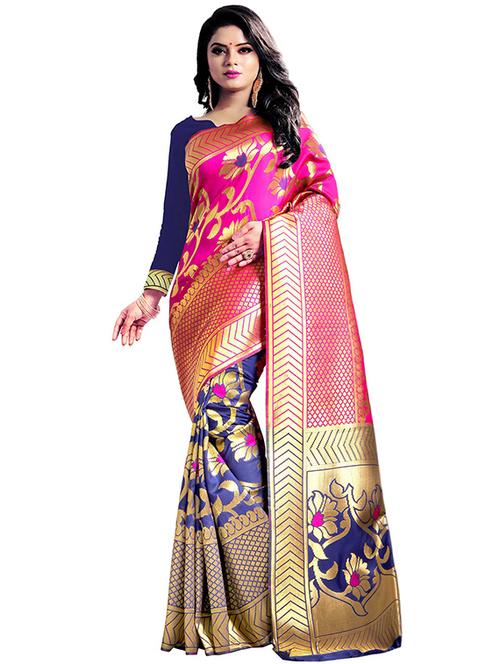 floral zari motif banarasi saree with blouse - 16315697 - Very Small Image - 1