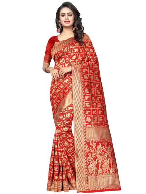 conversational zari motif banarasi saree with blouse - 16315714 - Very Small Image - 1