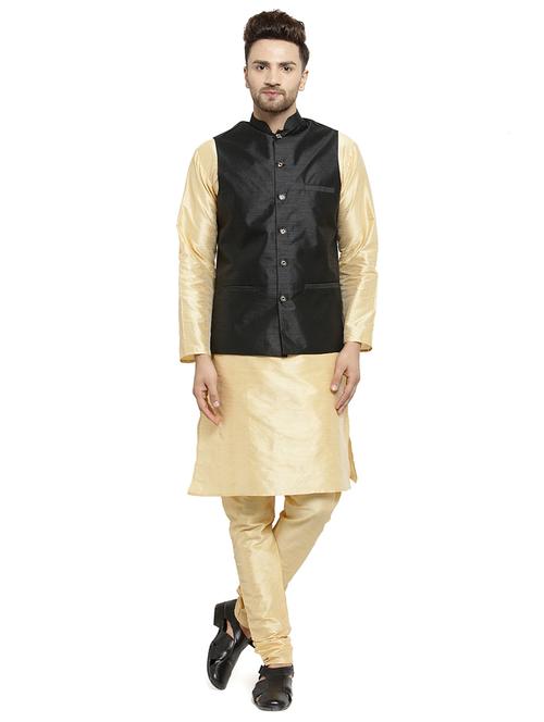 golden silk blend kurta pyjama set with nehru jacket - 16315904 - Very Small Image - 1