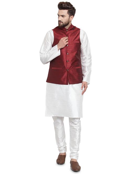 white silk blend kurta pyjama set with nehru jacket - 16315910 - Very Small Image - 1