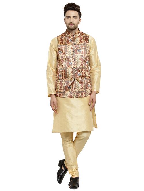gold silk blend kurta pyjama set with nehru jacket - 16315923 - Very Small Image - 1