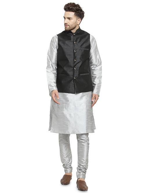 silver silk blend kurta pyjama set with nehru jacket - 16315925 - Very Small Image - 1