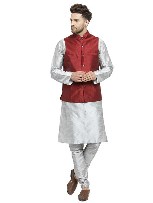 silver silk blend kurta pyjama set with nehru jacket - 16315926 - Very Small Image - 1