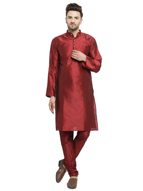maroon silk blend kurta pyjama set - 16315942 - Very Small Image - 1