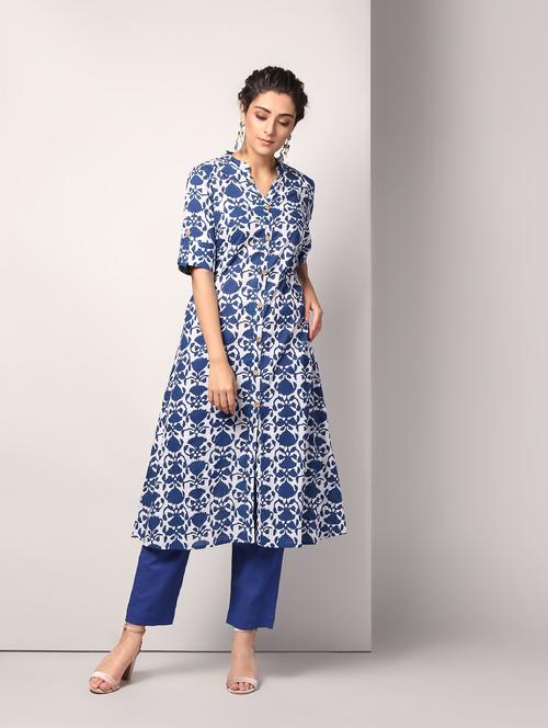 indigo printed kurta pant set - 16317125 - Very Small Image - 1