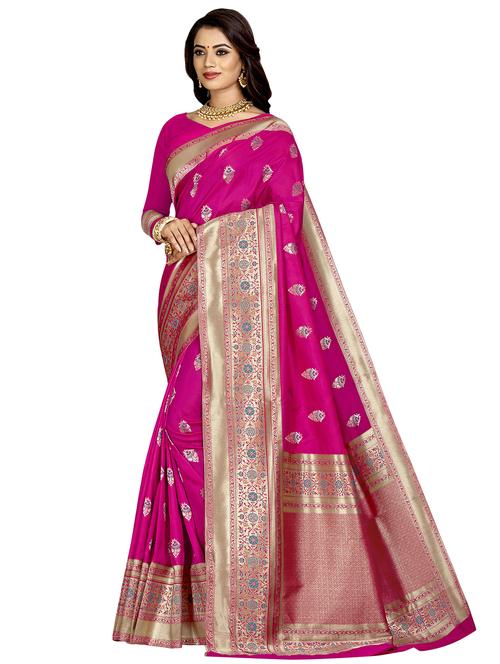 floral zari motif banarasi saree with blouse - 16317158 - Very Small Image - 1