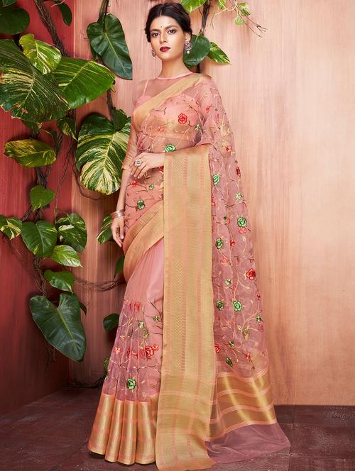 zari border floral embroidered saree with blouse - 16319290 - Very Small Image - 1