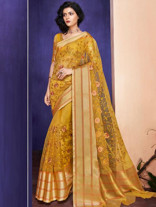 zari border floral embroidered saree with blouse - 16319291 - Very Small Image - 1