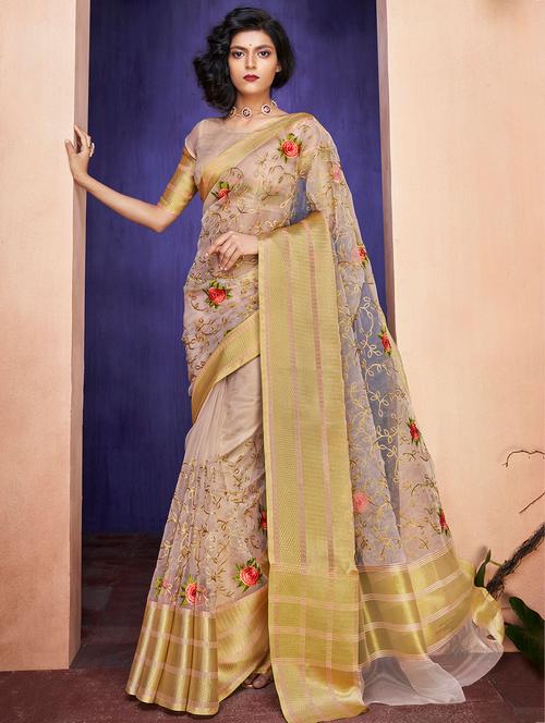 zari border floral embroidered saree with blouse - 16319294 - Very Small Image - 1
