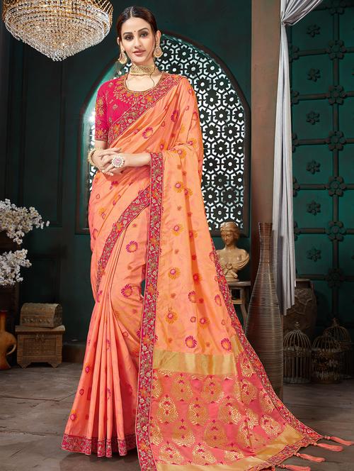 floral zari motif banarasi saree with blouse - 16319318 - Very Small Image - 1