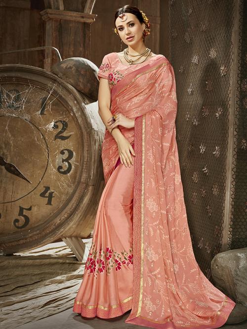 floral foil printed saree with blouse - 16321628 - Very Small Image - 1