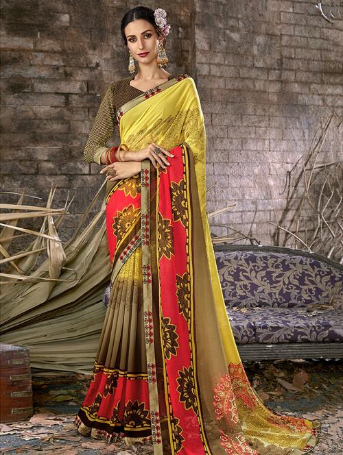 floral printed saree with blouse - 16321631 - Very Small Image - 1