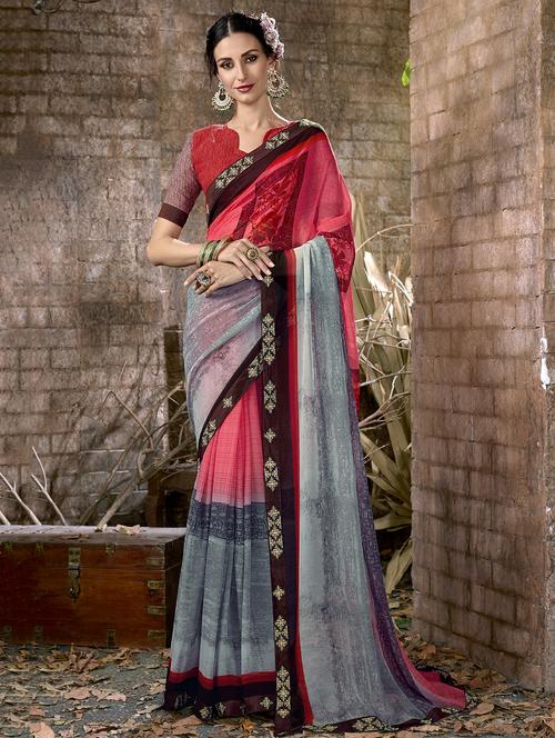 contrast border printed saree with blouse - 16321637 - Very Small Image - 1
