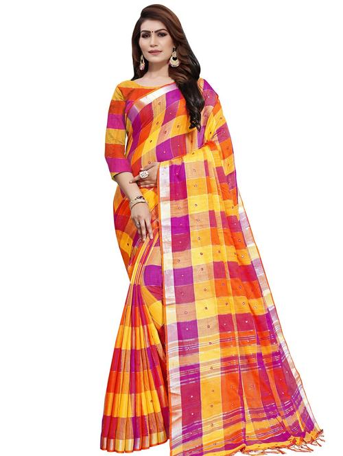 checkered woven saree with blouse - 16322491 - Very Small Image - 1
