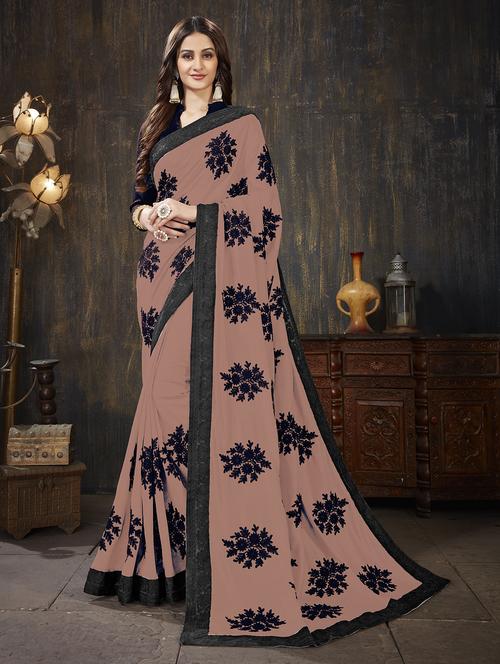 brown georgette embroidered saree with blouse - 16323418 - Very Small Image - 1