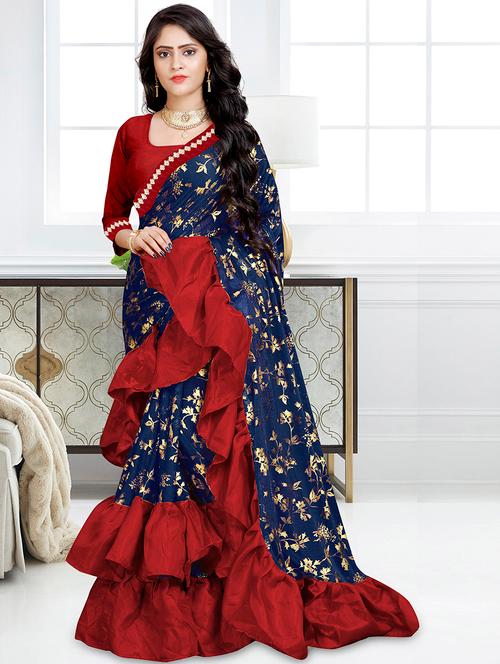 foil printed ruffle border fusion saree with blouse - 16328917 - Very Small Image - 1