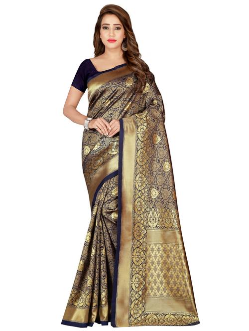 floral zari motif banarasi saree with blouse - 16329025 - Very Small Image - 1