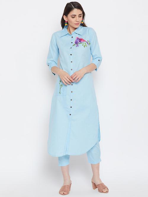 embroidered pastel kurta pant set - 16331201 - Very Small Image - 1
