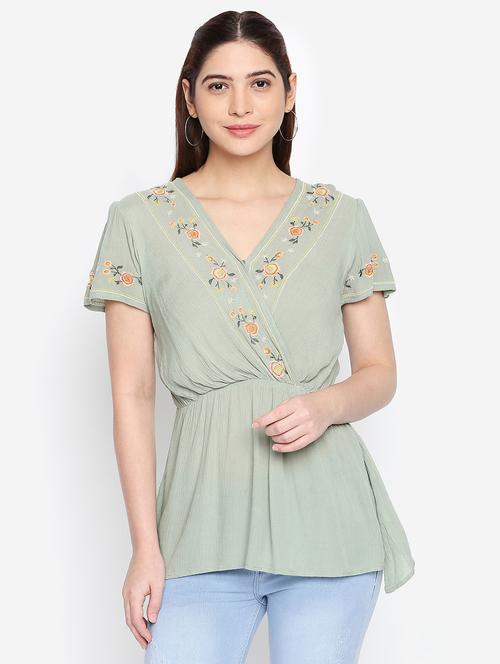 embroidered overlap neck top - 16333036 - Very Small Image - 1