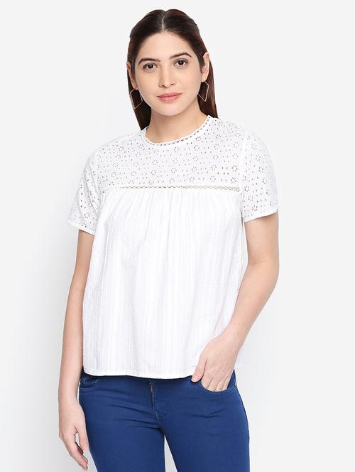 lace trim schiffli yoke top - 16333070 - Very Small Image - 1