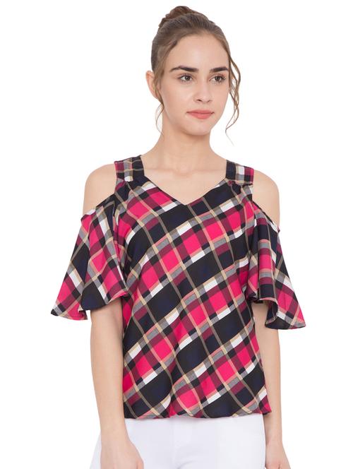 cold shoulder cherkered top - 16333619 - Very Small Image - 1