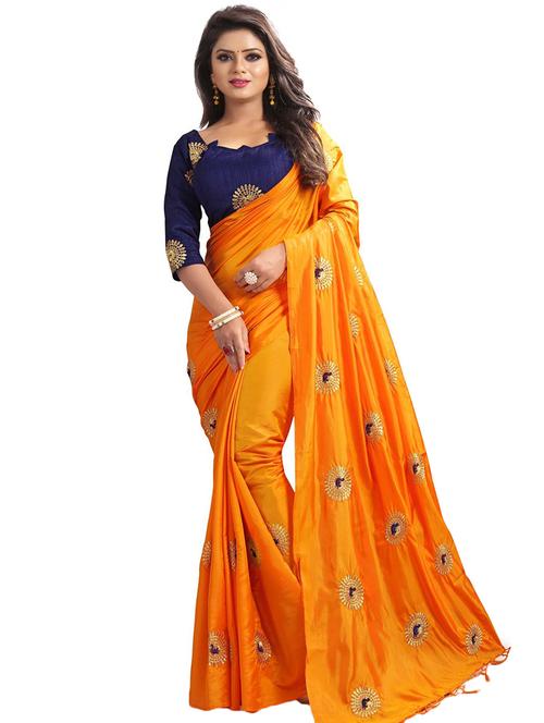 orange silk blend embroidered saree with blouse - 16334123 - Very Small Image - 1
